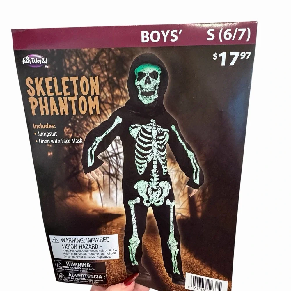 Halloween Skeleton Costume for Kids Bone Outfit Size Small 6/7 Black Phantom NWT